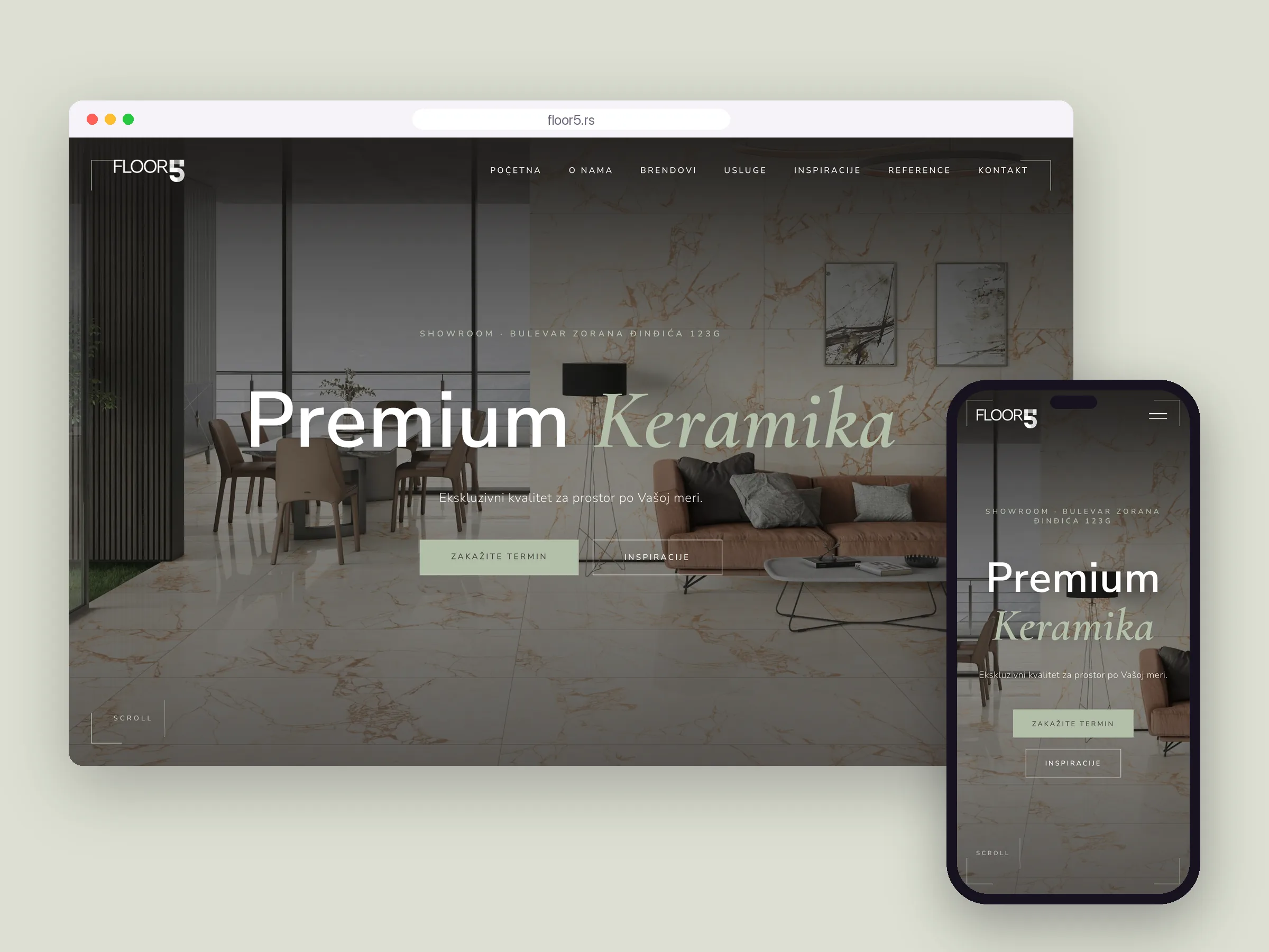 Floor5, sajt salona premium keramike, prikazan na računaru i telefonu