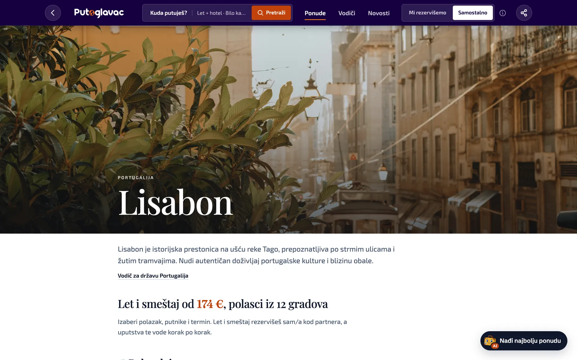 Stranica destinacije Lisabon na Putoglavcu sa polascima iz više gradova