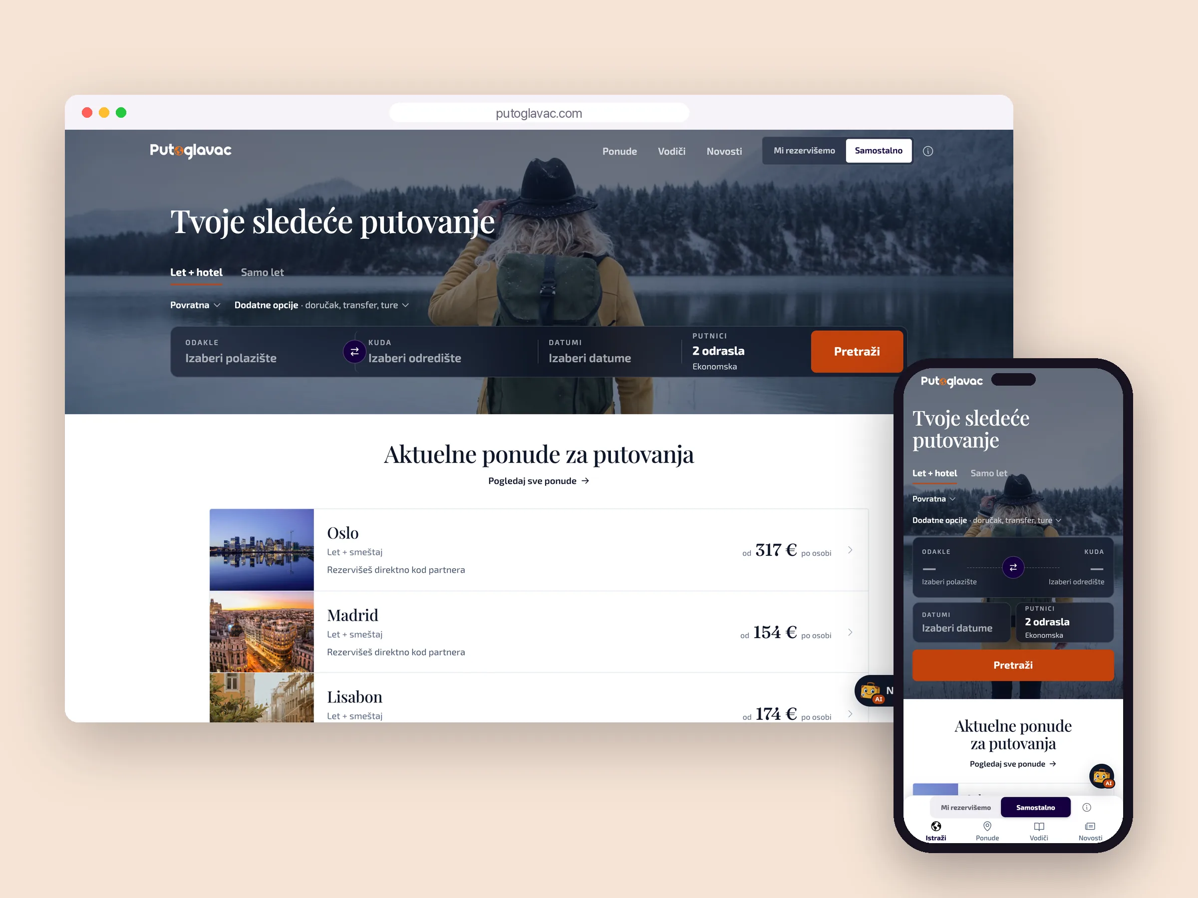 Putoglavac, platforma za putovanja, prikazana na računaru i telefonu